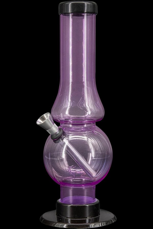 Purple glass water pipe (bong) with a metal bowl and downstem, isolated on a black background.