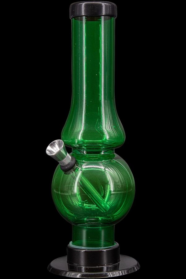 Green glass water pipe (bong) with a flared base and clear glass downstem.