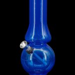 Blue glass water pipe with a rounded base and metallic mouthpiece.
