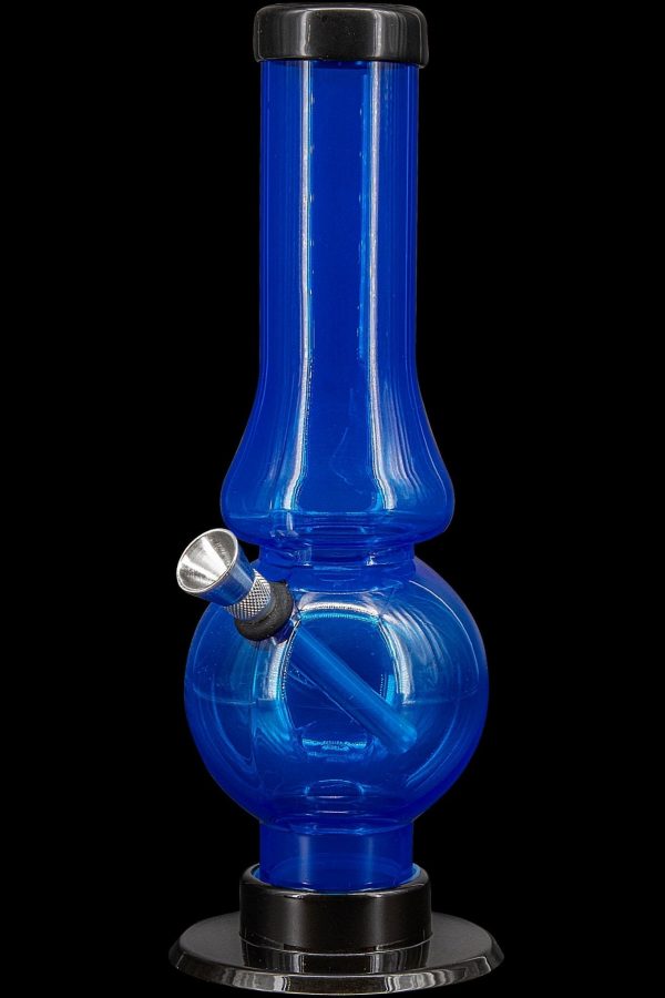 Blue glass water pipe with a rounded base and metallic mouthpiece.