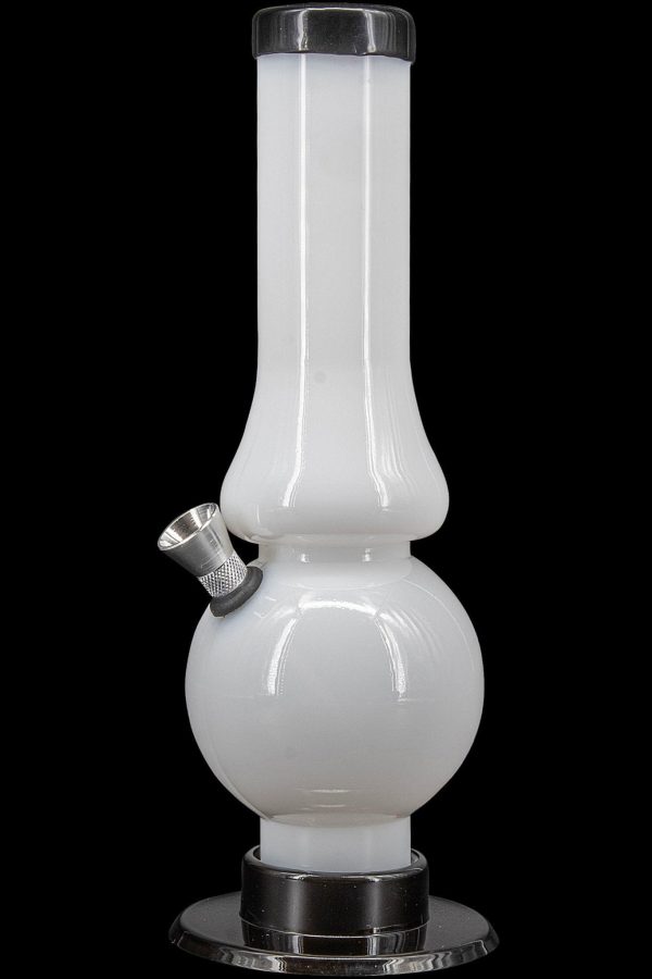 White glass water pipe (bong) with a flared base and metal mouthpiece.