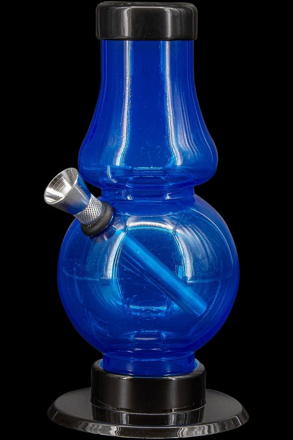 Blue glass water pipe (bong) with metallic downstem and base.