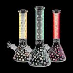 Front view of the Designer Floral Diamond Print Bong, showcasing a patterned glass piece against a dark backdrop.