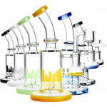 A front view of the Diamond Glass 'Hobbit' Dab Rig, displaying a clear glass build with a circular base and a curved neck.