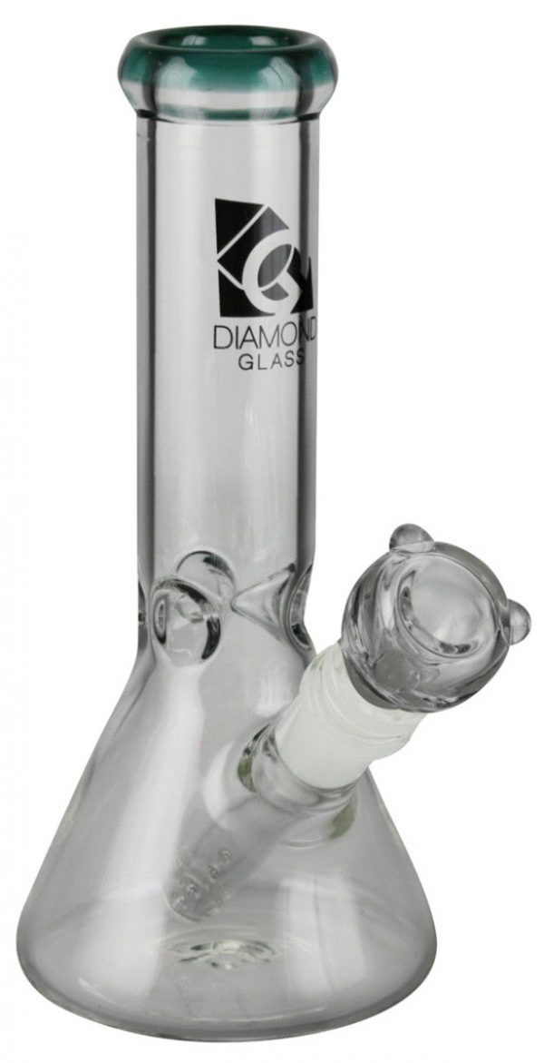 A studio shot of the Diamond Glass 8" Classic Beaker Bong, displaying its clear glass construction and classic beaker shape.