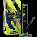 A studio shot of the Dopezilla Cyclops Straight Tube Water Pipe, featuring vibrant green accents on clear glass.