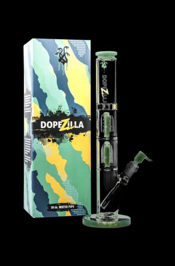Front view of the Dopezilla Hydra Water Pipe, showcasing its colorful, patterned glass design with a unique multi-stem arrangement.