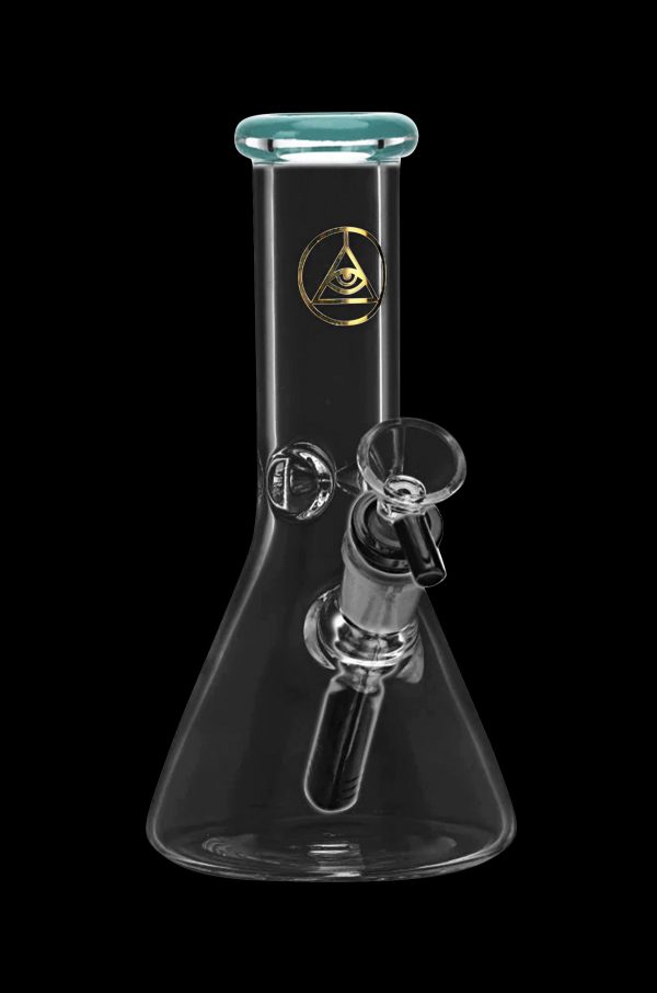 Clear glass bong with a flared base and all-seeing eye logo.