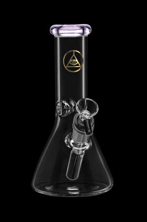 Clear glass beaker bong with all-seeing eye logo.
