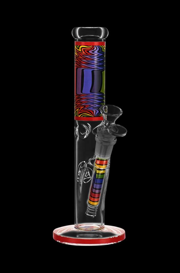 A colorful glass bong with psychedelic patterns and vibrant rainbow accents.
