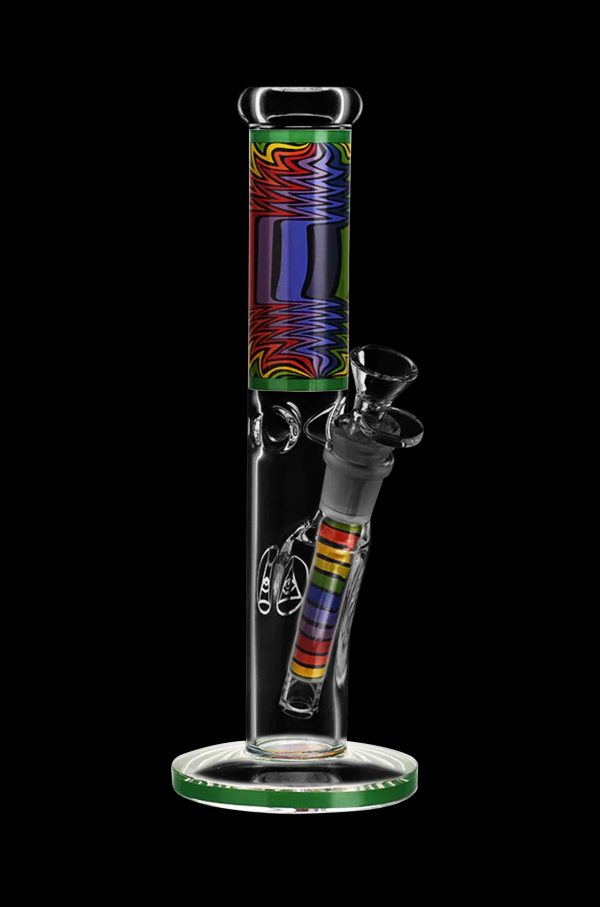 A vibrant glass bong with colorful geometric patterns and a clear base, isolated on a black background.