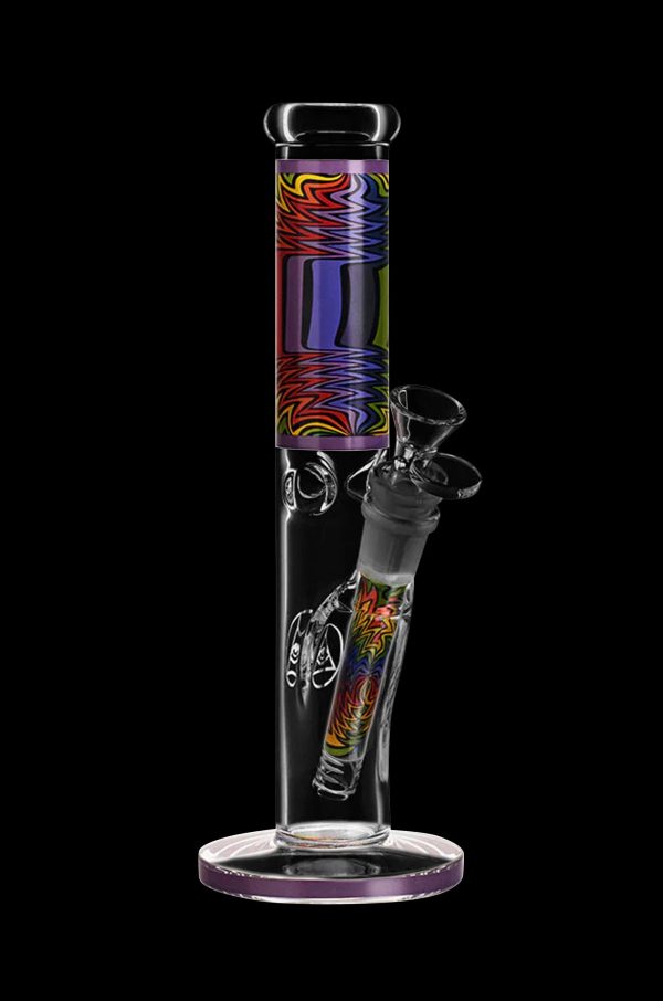 A colorful glass bong with psychedelic patterns and a removable downstem.