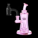 Pink glass dab rig with a quartz banger, branded "Stash Shack."
