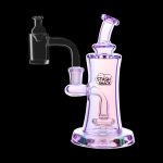 Iridescent glass dab rig with a quartz nail, branded "Stash Shack."