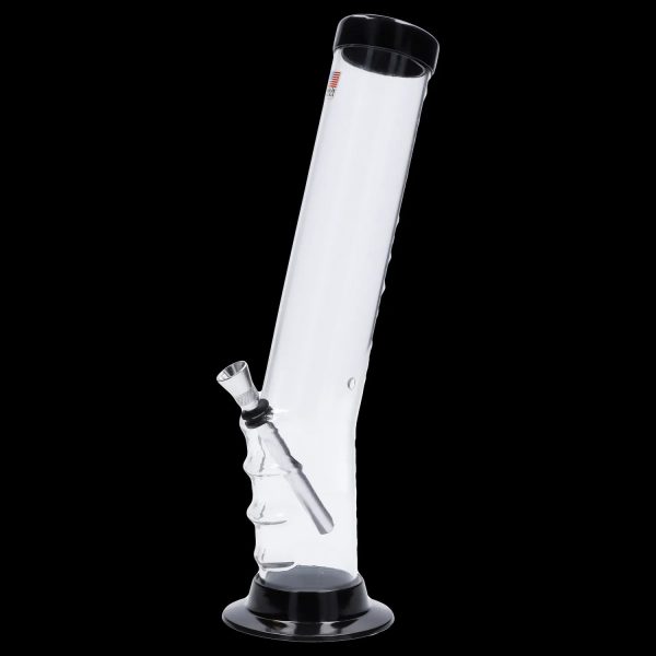 Glass bong with a wide base and angled neck.