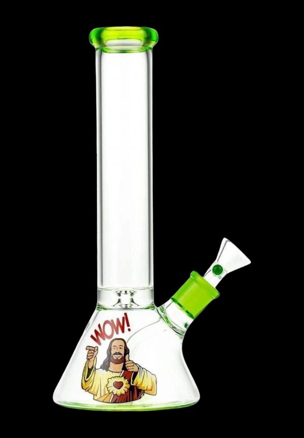 Glass bong with religious imagery and the word “WOW!” printed on the base.