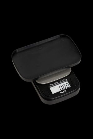 Digital scale with a black platform, displaying 0.00g, used for measuring cannabis.