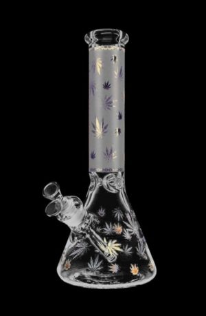 Front view of the Foil Canna-Leaf Print Beaker Bong, displaying a clear glass beaker with a leafy print design.