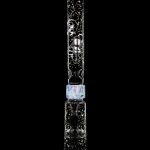 A glass bong with intricate scorpion and floral designs, illuminated with internal lighting, against a black background.