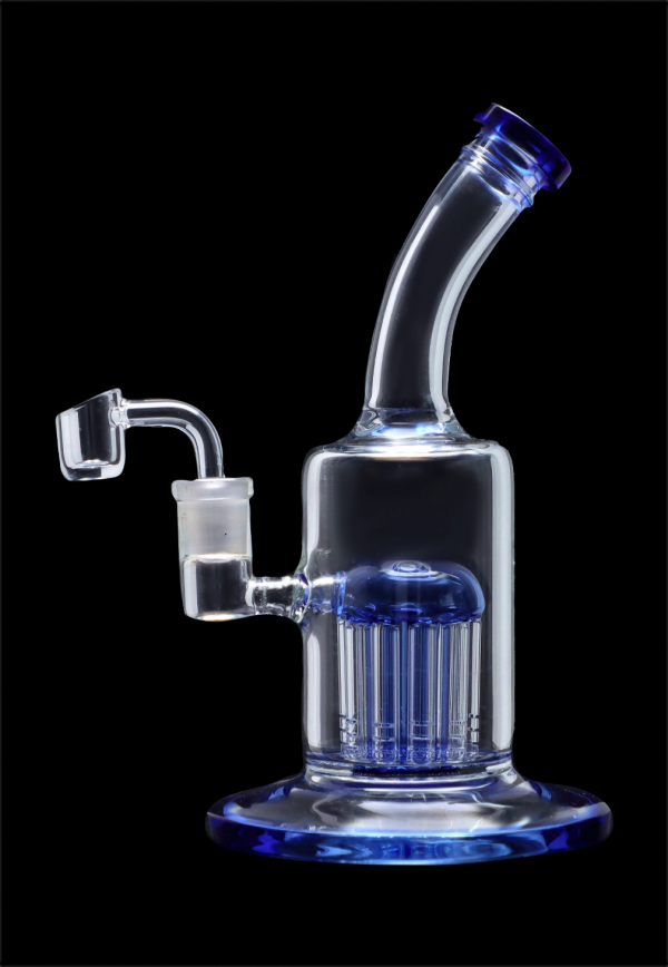 Blue glass dab rig with quartz banger.