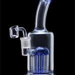 Blue glass water pipe (bong) with multiple diffusion arms.