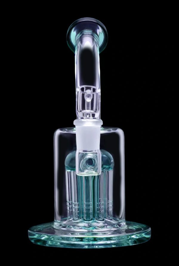 Glass bubbler water pipe with multiple diffusion stems, illuminated in blue against a black background.