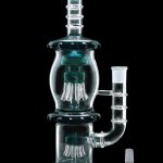 A studio shot of the 13.5-inch Smoke Cartel Straight Tube with Dual Octopus Perc, showcasing the clear glass and intricate percolator design.