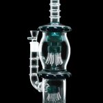 Front view of the Smoke Cartel Straight Tube w/ Dual Octopus Perc, showcasing the intricate perc design within the clear glass tube.