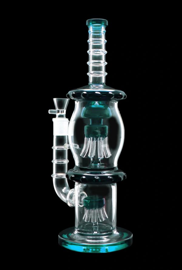 Front view of the Smoke Cartel Straight Tube w/ Dual Octopus Perc, showcasing the intricate perc design within the clear glass tube.