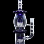 Blue glass water pipe with multiple percolation chambers.