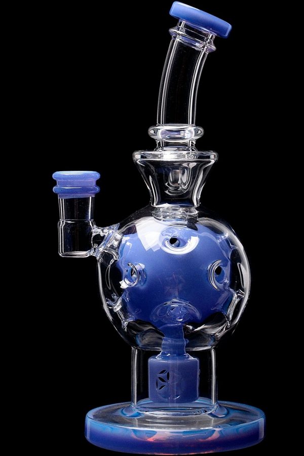 Blue glass water pipe (bong) with bubbler and intricate design, isolated on a black background.