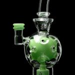 Green glass water pipe (bong) with bubble-shaped chamber.