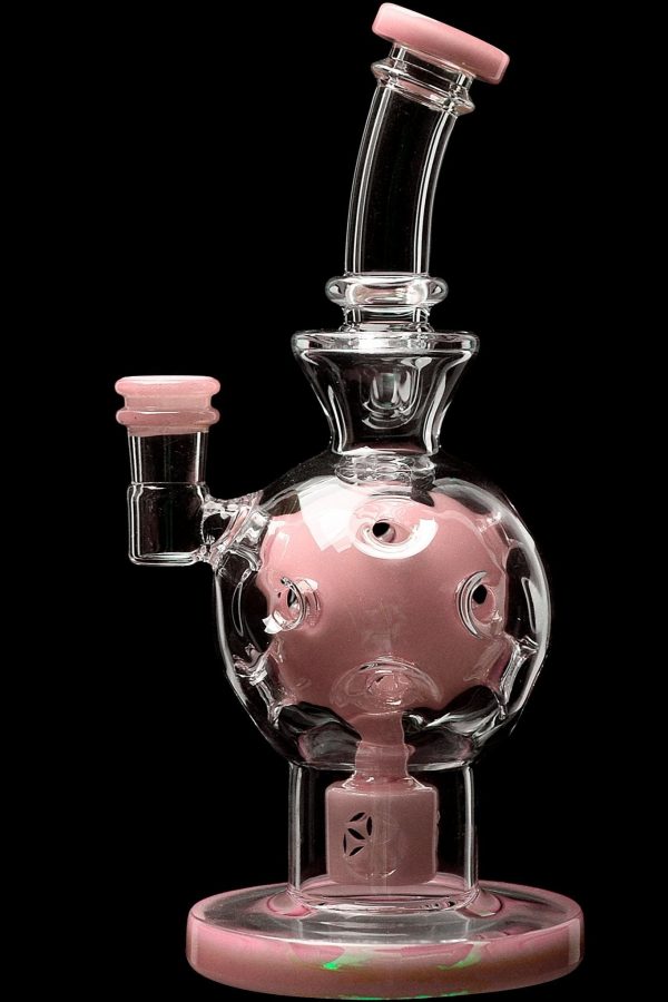 Pink glass water pipe (bong) with intricate bubbler design.