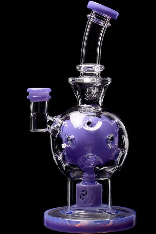 Purple glass water pipe (bong) with bubbler and intricate design.