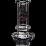 Clear glass water pipe with “Calibear” logo.