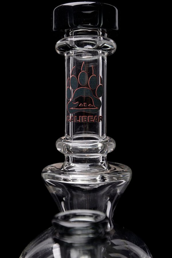 Clear glass water pipe with “Calibear” logo.