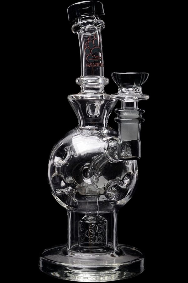 Clear glass water pipe (rig) with intricate bubble detailing, featuring a glass bowl and downstem.