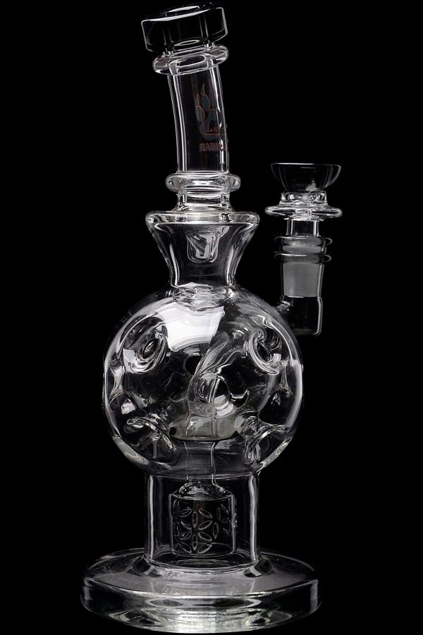 Clear glass water pipe with intricate bubble perc filtration system.
