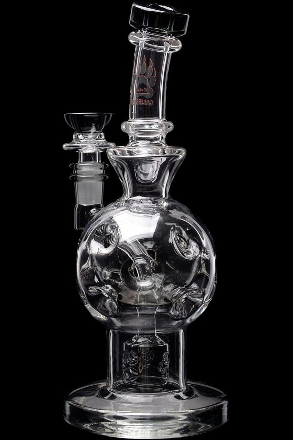 Clear glass water pipe (bong) with intricate bubble design.