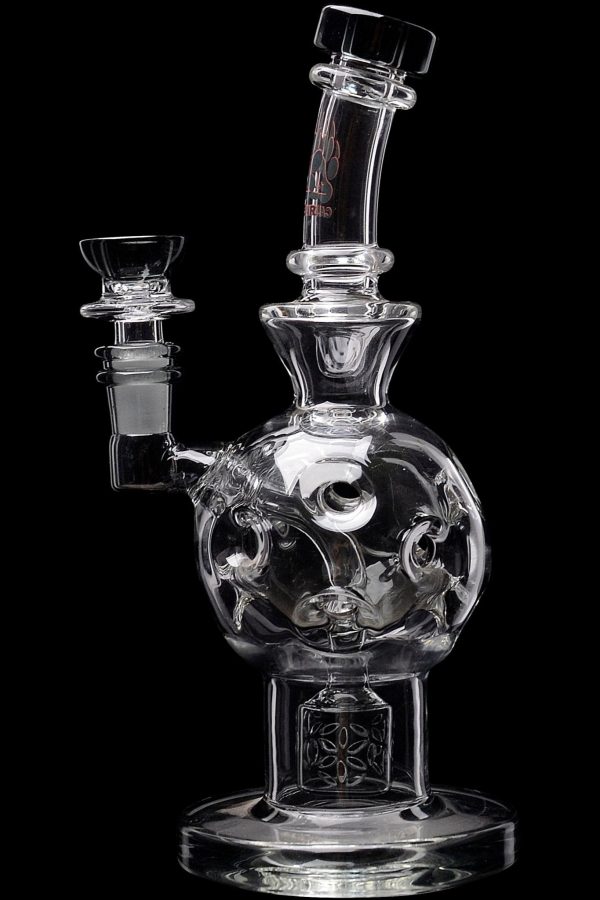 Clear glass water pipe (rig) with intricate bubble design, isolated on black.