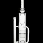 Clear glass water pipe (rig) with multiple chambers and percolation features, isolated on a black background.