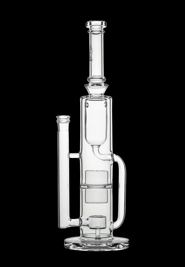 Clear glass water pipe (rig) with multiple chambers and percolation features, isolated on a black background.