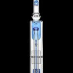Blue glass water pipe (bong) with intricate percolators, isolated on a black background.