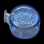 Blue glass bubbler with intricate honeycomb perc diffusion.