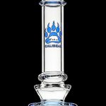 Clear glass water pipe (bong) with blue accents and a bear logo.