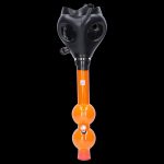 Front view of the JM Plastics Black Gas Mask with Bright Acrylic Water Pipe, showcasing its dark mask and colorful, transparent water pipe attachment.