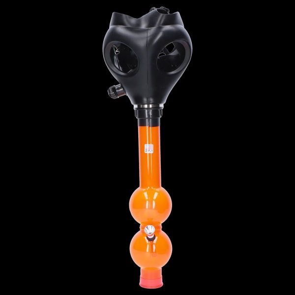 Front view of the JM Plastics Black Gas Mask with Bright Acrylic Water Pipe, showcasing its dark mask and colorful, transparent water pipe attachment.