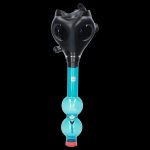 A front view of the JM Plastics Black Gas Mask with Bright Acrylic Water Pipe, featuring a dark mask connected to a colorful acrylic tube.