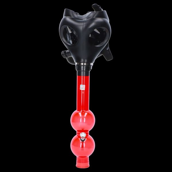 Front view of the JM Plastics Black Gas Mask with Bright Acrylic Water Pipe, showcasing a stark contrast between the black mask and colorful pipe.