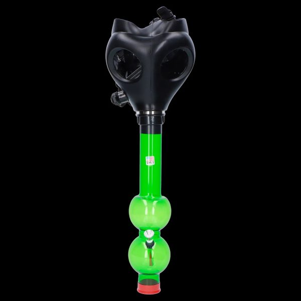 A front view of the JM Plastics Black Gas Mask with Bright Acrylic Water Pipe, showing the dark mask connected to a colorful pipe.